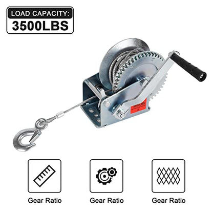 Heavy Duty Hand Winch 3500 lbs with 32 ft Steel Wire Rope, Hand Crank Strap Gear Winch with Steel Wire, for ATVs Boats Trailers Trucks Auto Marine - color: 3500lbs, size: Steel Cable