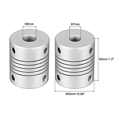 uxcell 8mm to 7mm Aluminum Alloy Shaft Coupling Flexible Coupler Motor Connector Joint L30xD25 Silver 2Pcs - size: 8mm to 7mm