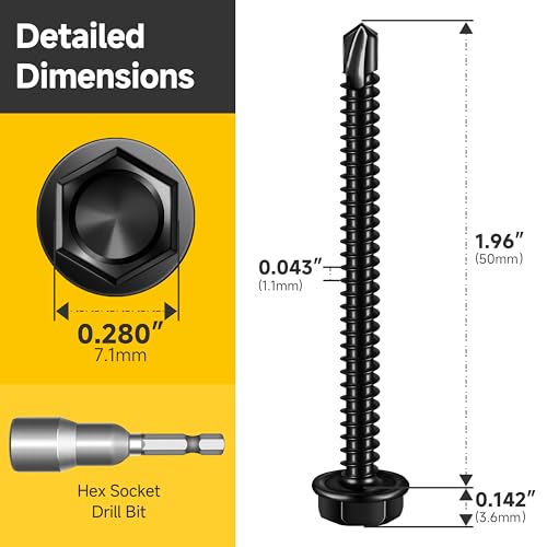 Mywish 50pcs #8 x 2 Self Drilling Screws for Metal, 410 Stainless Steel Hex Washer Head Self Drilling Screws, Black Oxided Self Tapping Sheet Metal Tek Screw Fast Tapping - size: #8x2"(50pcs)