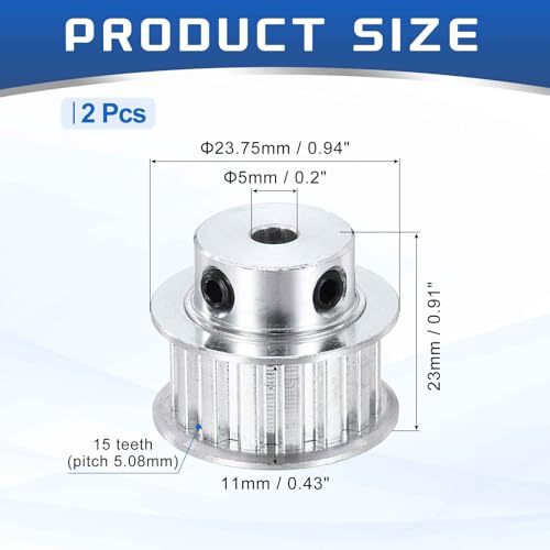 MECCANIXITY 2 Pcs Aluminium Timing Pulley, XL 15 Teeth 5mm Bore Synchronous Wheel Timing Belt Pulley 5.08mm Pitch 11mm Slot Width for Belt, CNC Machine, 3D Printer - size: 5x5.08x11mm