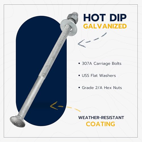 1/2" x 10" (25 Pack) Galvanized Carriage Bolt Kit Grade 307A Includes 1/2" USS Flat Washers (25 pcs) and 1/2"-13 Hex Nuts (25 pcs), Hot Dip Galvanized for Exterior Use by Makers Bolt - size: 1/2 x 10