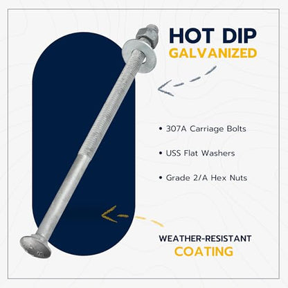1/2" x 10" (25 Pack) Galvanized Carriage Bolt Kit Grade 307A Includes 1/2" USS Flat Washers (25 pcs) and 1/2"-13 Hex Nuts (25 pcs), Hot Dip Galvanized for Exterior Use by Makers Bolt - size: 1/2 x 10