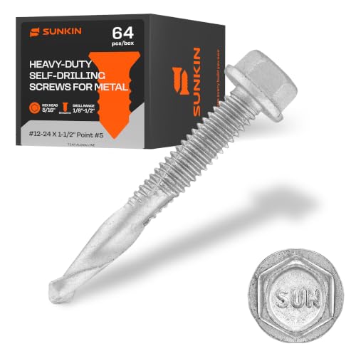 SUNKIN 64PCs Self Tapping Screws for Metal, Hex Head #12 x 1-1/2 Inch, Self Drilling for Thick Steel, Less Effort Installation, Long Lasting Anti Rust Coating - size: #12 x 1-1/2 inch (64pcs)