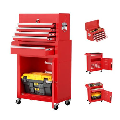 Crownland 5-Drawer Rolling Tool Chest with Wheels, Red - color: Red, style: 5-Drawer Rolling Tool Chest