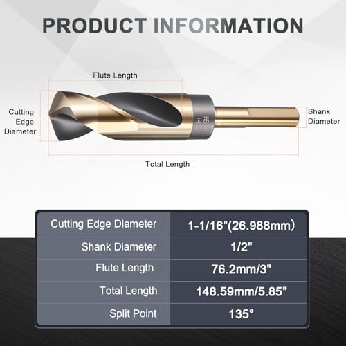 uxcell 1-1/16" Drill Bit 1/2" Reduced Shank 3-Flat M35 5% Cobalt HSS - size: 1-1/16" with 1/2" Shank
