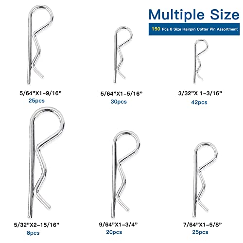 Boatsea Cotter Pin Assortment Kit, 150PCS 6 Sizes Hair Pin R Clips Assortment Kit, Zinc Plated Spring Steel Hairpin R Clips, Retaining Hair Pin for use on Hitch Pin Lock System