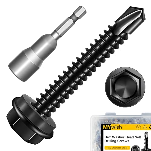Mywish 50pcs #12 x 1-1/2" Self Drilling Screws for Metal, 410 Stainless Steel Hex Washer Head Self Drilling Screws, Black Oxided Self Tapping Sheet Metal Tek Screw Fast Tapping - size: #12x1-1/2"(50pcs)