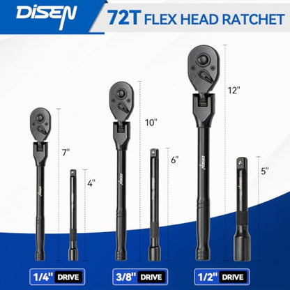 DISEN 3PCS Black Flex-Head Ratchet Set 1/2", 3/8", 1/4" Drive - size: 3PC Black Flex-Head Ratchet Set