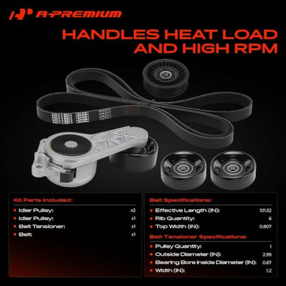 A-Premium Engine Serpentine Drive Belt Kit with Tensioner & Idler Pulley