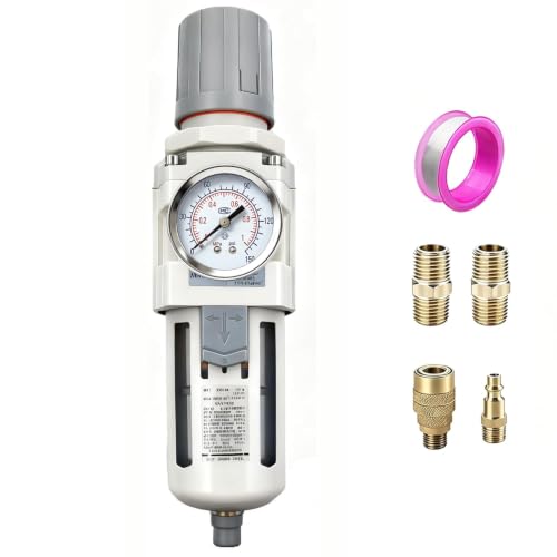 XingNEeng 1/2" NPT Compressed Air Filter Regulator Combo Piggyback, Water/Oil Trap Separator with Pressure Gauge(0-150 psi), Semi-Auto Drain, Poly Bowl, 5 Micron Brass Element, Metal Bracket - color: 1/2" Npt, size: Semi-Auto Drain