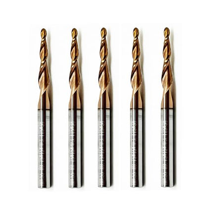 5Pcs Tapered Ball Nose End Mill Set, 1/8” Shank, 0.75mm Radius (1.5mm Diameter) Tips, Premium CNC Router Bits for Precision 3D Woodworking and Detail Carving