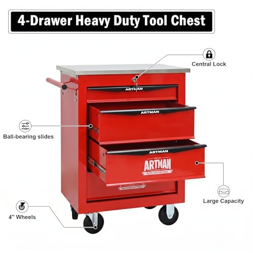 Rolling Tool Chest,Stainless Steel Worktop,Red,4‑Drawer - color: Red, size: 4-Drawers