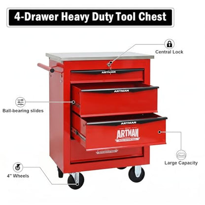 Rolling Tool Chest,Stainless Steel Worktop,Red,4‑Drawer - color: Red, size: 4-Drawers