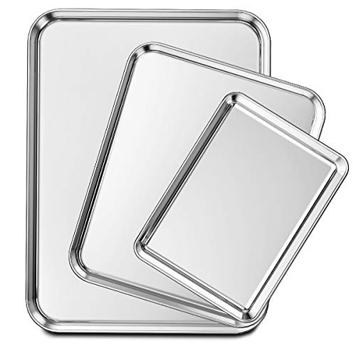 Wildone Baking Sheet Set of 3, Stainless Steel Cookie Sheet Cooking Sheet Pan for Baking & Roasting, 9/12/16 Inch, Non Toxic & Heavy Duty & Easy Clean - size: 9/12/16 inch