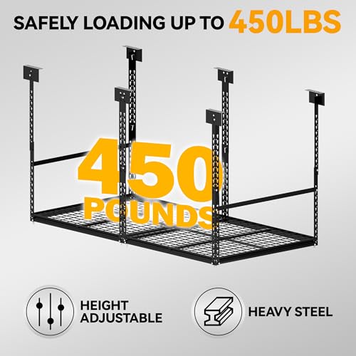 3x6 Ft Overhead Garage Storage Rack, 28-41 inch Height Adjustable Ceiling Mounted Organization Rack, 450 lbs Weight Capacity, 36"x72" Metal Rack for Garage Storage with Wire Decking - size: 3x6ft w/ Wire Decking