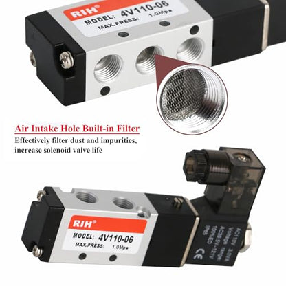 RIH Pneumatics Solenoid Valve 4V110-06 12V/24V/110V Series Single Coil Pilot-Operated Electric 2 Position 5 Way Connection Type (AC110V/Junction Box, 1/8"NPT) - size: AC110V/Junction Box, style: 1/8"NPT