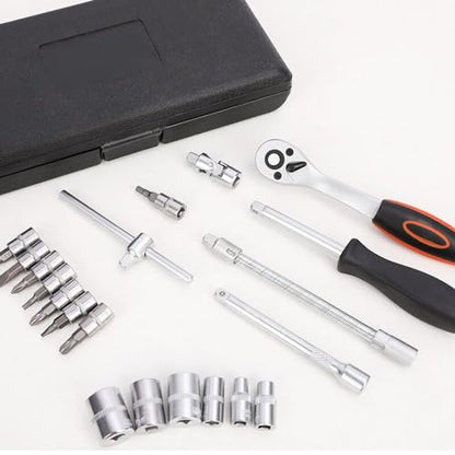 FLZOSPER 46-Piece 1/4-inch Screwdriver Drive Socket & Bit Set Combination with Reversible Ratchet Wrench Tools Kit for Auto Repairing & Household with Storage Case (Dark Grey Box) - color: Chrome