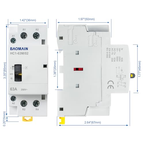 BAOMAIN 24V 2-Pole 63A Manual/Auto AC Contactor, 2NC, DIN Rail Mount
