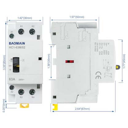 BAOMAIN 24V 2-Pole 63A Manual/Auto AC Contactor, 2NC, DIN Rail Mount