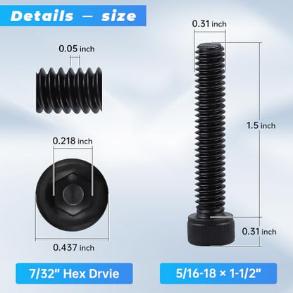 Glvaner 5/16"-18 x 1-1/2" (15 pcs) Socket Head Cap Screws, 12.9 Grade Alloy Steel, Black Oxide Finish, Full Thread UNC, Allen Hex Drive - size: 5/16-18 x 1-1/2"
