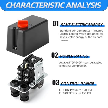 MEANLIN MEASURE Air Compressor Pressure Switch Control Valve 120-150 PSI 110V-240V 4-way Replacement Parts With AFR2000 Air Line Filter and Safety Pressure Relief Valve - style: Filter Model