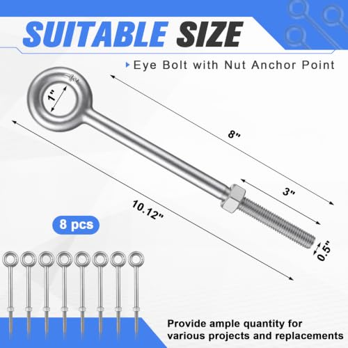 LEIFIDE 8 Pack 1/2" x 8" Eye Bolt with Nut, Hot Dipped Galvanized Heavy Duty Rigging Zinc Eye Bolt Anchor Point for Wood Chain, Wire Rope, Lifting, Construction and Outdoor Anchoring - size: 1/2" X 8"