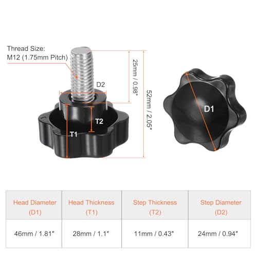 HARFINGTON 4pcs Star Knobs M12 x 25mm 304 Stainless Steel Threaded Stud 46mm Plastic 6-Star Head Hand Tightening Thumb Screw Clamping Jig Knob Handle, Black - size: M12 x 25mm x 46mm
