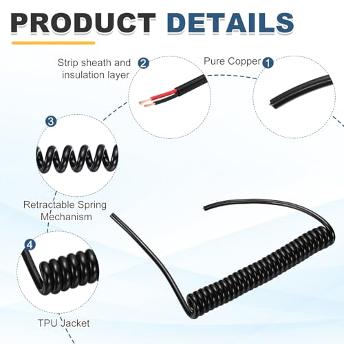 MECCANIXITY 5ft 14AWG Retractable Coiled Coil Cord 300V 105℃ 2 Conductor - size: 5ft x 14AWG, 2 Conductor