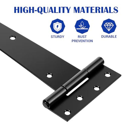 2 Pack 16-Inch Heavy Duty T-Strap Hinges, Black Wrought Iron Gate Hinges with Rust-Resistant Coating, Large 270° Rotation, Ideal for Shed Doors, Barn Doors, and Fence Gates
