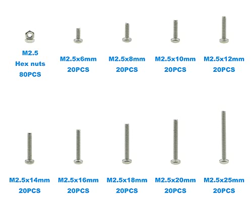 260PCS Metric M2.5 304 SS Phillips Pan Head Machine Screws & Nuts Kit - size: M2.5