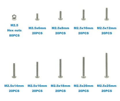 260PCS Metric M2.5 304 SS Phillips Pan Head Machine Screws & Nuts Kit - size: M2.5