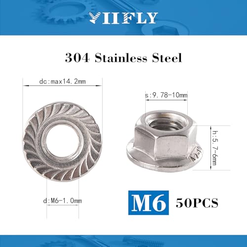 M6x1mm Metric Serrated Hex Flange Nuts, 304 Stainless Steel (A2-70), DIN 6923, Bright Finish, 50PCS - color: Silver, size: Silver M6 x 1mm