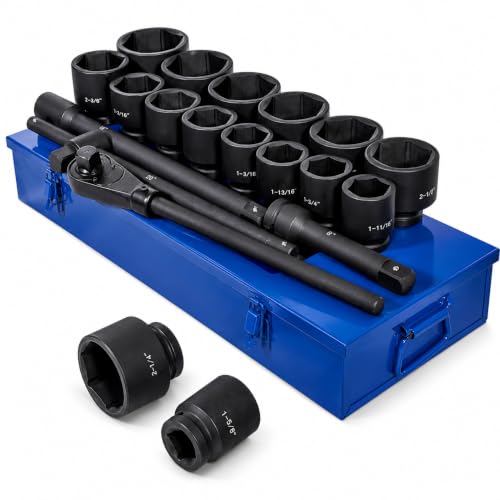 Stark USA 21-Piece 1" Drive SAE Jumbo Impact Socket Set, Heavy Duty Cr-Mo 6-Point Deep Impact Sockets with 24" Ratchet, Extension Bars, Sliding T-Handle & Storage Case