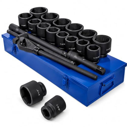 Stark USA 21-Piece 1" Drive SAE Jumbo Impact Socket Set, Heavy Duty Cr-Mo 6-Point Deep Impact Sockets with 24" Ratchet, Extension Bars, Sliding T-Handle & Storage Case