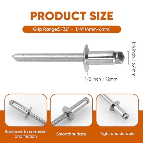 ALLCLEAN 50 Pcs 1/4" x 1/2" Stainless Steel Blind Pro Rivets,6.4 x 12mm Pop Rivets,Stainless Steel Grip and Stainless Steel Mandrel - color: Stainless Steel, size: 1/4" x 1/2"
