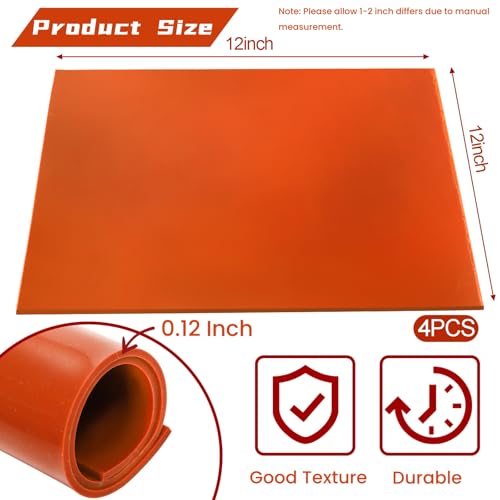 Tlence 4 PCS Red Silicone Rubber Sheet, 12'' x 12'' x 1/8'' Flexible Heat Resistant Silicone Insulation Gasket, 60 A Smooth Finish High Temperature Silicone Rubber Sheeting for DIY Crafts Pads Seals