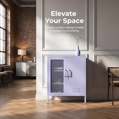 Purple Lockable Mesh & Metal Door Storage Cabinet, 3-Tier Heavy Duty Steel Locker with 2 Adjustable Shelves, Accent Cabinet for Living Room, Home Office, 33" H x 29.5" W x 13.8" D - color: Lilac, style: Cabinet-33"H-SW