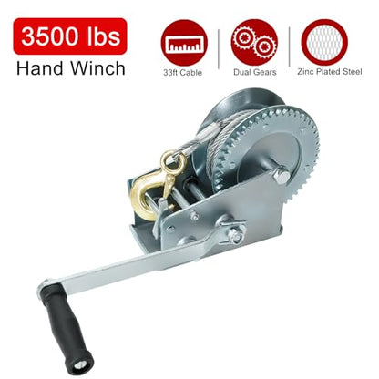 BLACKHORSE-RACING 3500 lbs Hand Winch with 33FT Cable, Hardened Steel 2 Gear Manual Crank Winch for ATV RV Boat Trailer Truck Marine Winch Heavy Duty Hand Crank Winch with Hook (Pack of 2) - size: 3500lbs (Pack of 2)