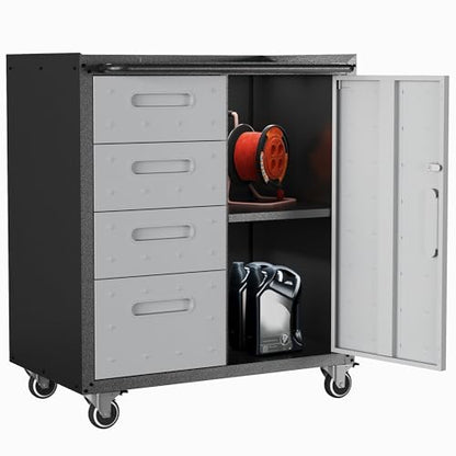 Metal Mobile Tool Storage Cabinet with 4 Drawer and 1 Locking Door - color: Black/Gray, style: 1 door 4 drawer with wheels
