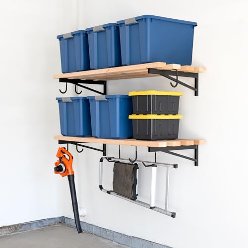 StoreYourBoard 24 Inch Heavy Duty Shelf Brackets, Set of 4 for 2' x 4' DIY Garage Wall Shelves, Holds 600 lbs, Solid Steel, Includes 6 Hooks for Hanging Storage, 23.75" x 1" x 9.5" - size: 2' x 4'