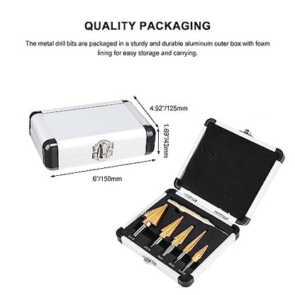 6pcs Step Drill Bit Set, 5 Titanium Coated Hss Step Bit & Automatic Center Punch Unibit, 50 Sizes Step Drill for Multiple Hole Drill with Aluminum Case for DIY Lovers and Home Use