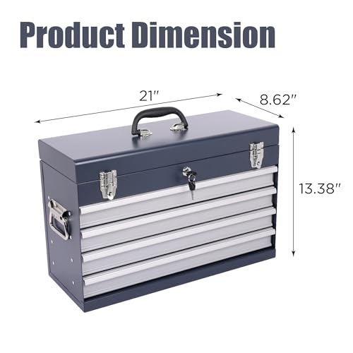 Heavy Duty Metal Tool Box, 21-inch, Portable Metal Tool Box with 4 Drawers, Small Tool Chest with EVA Liners, Ball Bearing Slide Drawers Locking & Powder Coated Finish, Multi-Function Tool Organizer - color: Tool Box-grey