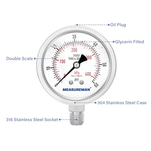 MEASUREMAN Fully Stainless Steel Hydraulic Glycerin Filled Pressure Gauge, 2-1/2" Dial Size, 1/4" NPT Lower Mount, 0-60psi/kpa - size: 0-60 psi, style: Lower Mount(100% Stainless Steel)