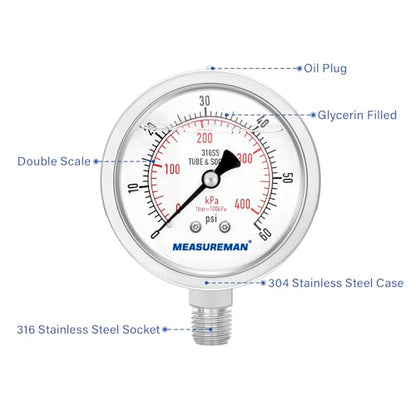 MEASUREMAN Fully Stainless Steel Hydraulic Glycerin Filled Pressure Gauge, 2-1/2" Dial Size, 1/4" NPT Lower Mount, 0-60psi/kpa - size: 0-60 psi, style: Lower Mount(100% Stainless Steel)