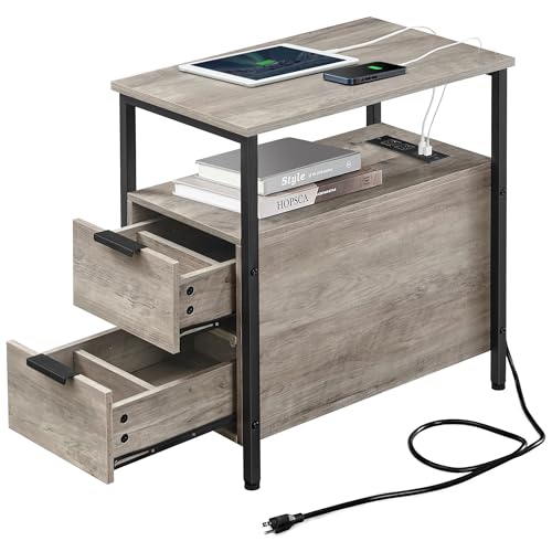 VASAGLE Side End Table with Charging Station, Slim Nightstand with Storage - color: Heather Greige + Ink Black, size: 23.6"D x 13.8"W