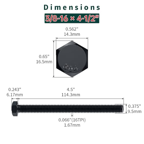 3/8-16 x 4-1/2" Hex Bolts with Nuts and Washers (6 Sets), 18-8 (304) Stainless Steel, External Hex Drive, Black Oxide Coated Hexagon Head Bolts Screws, Fayeploo - size: 3/8-16 x 4-1/2"