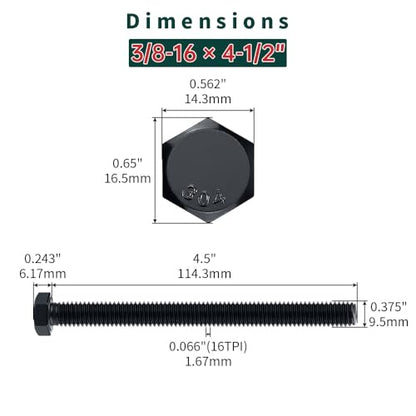 3/8-16 x 4-1/2" Hex Bolts with Nuts and Washers (6 Sets), 18-8 (304) Stainless Steel, External Hex Drive, Black Oxide Coated Hexagon Head Bolts Screws, Fayeploo - size: 3/8-16 x 4-1/2"