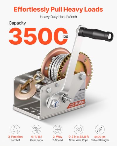 VEVOR Boat Winch, 3500 lbs Hand Winch, Heavy Duty Manual Rope Crank with 32.8ft Steel Wire, Portable Two-Way Ratchet, 2 Speed Switchable, Anti-Slip Handle Gear for Boat Trailer ATV Towing - size: 3500 lbs