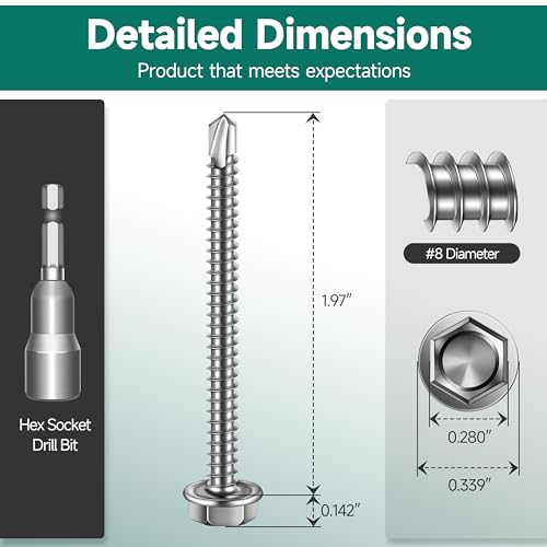 50Pcs #8 x 2 Sheet Metal Screws, 410 Stainless Steel Self Drilling Hex Washer Head Self Tapping Screws for Metal with Drill Bit - color: Silver, size: #8 x 2"