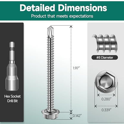 50Pcs #8 x 2 Sheet Metal Screws, 410 Stainless Steel Self Drilling Hex Washer Head Self Tapping Screws for Metal with Drill Bit - color: Silver, size: #8 x 2"